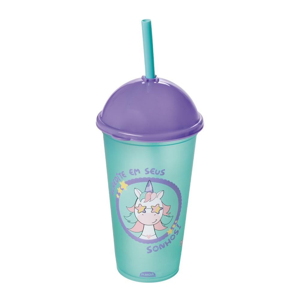 Copo Unicórnio com Canudo Shake 500 ml Infantil Plasútil