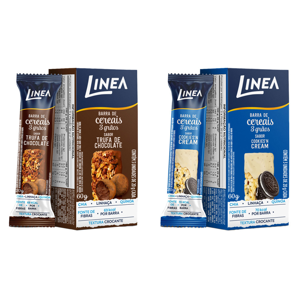 Kit 2 Caixas de Barra de Cereal 3 Grãos Integrais Linea Sabor Trufa de Chocolate e Cookies’n Cream 3 unidades de 20g em Oferta na Shopee