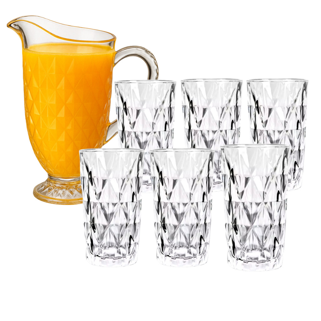 Kit 7 Pcs Copos Vidro Diamond 400ml + Jarra 1,2l Jogo Diamante em Oferta na Shopee