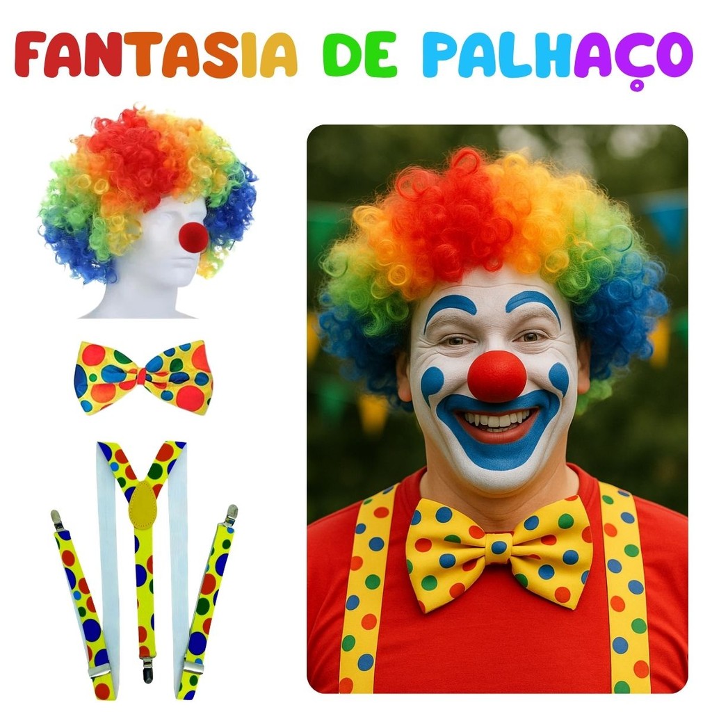Kit Fantasia Palhaço Peruca Suspensório Gravata Borboleta Nariz Colorido Luxo Divertido Atacado