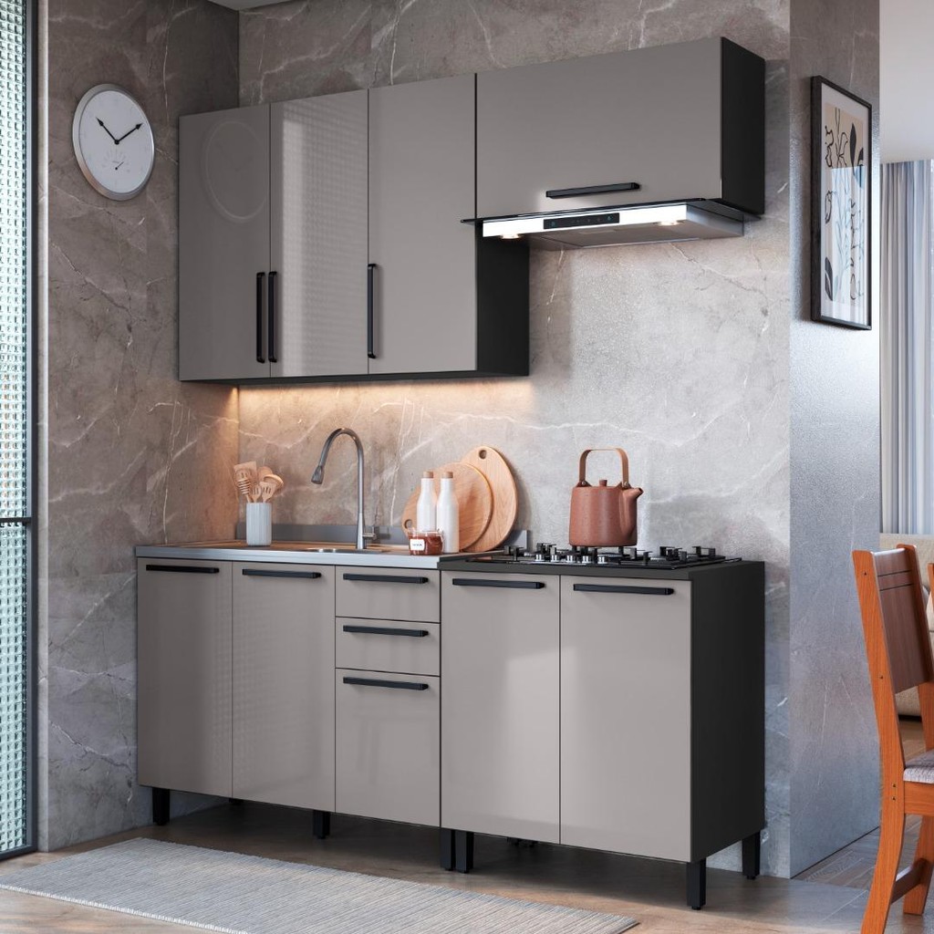 Cozinha Modulada Compacta Fidelitá Mônaco 4 Peças 200cm 9 Portas 2 Gavetas Sem Tampo Chumbo/Titânio em Oferta na Shopee