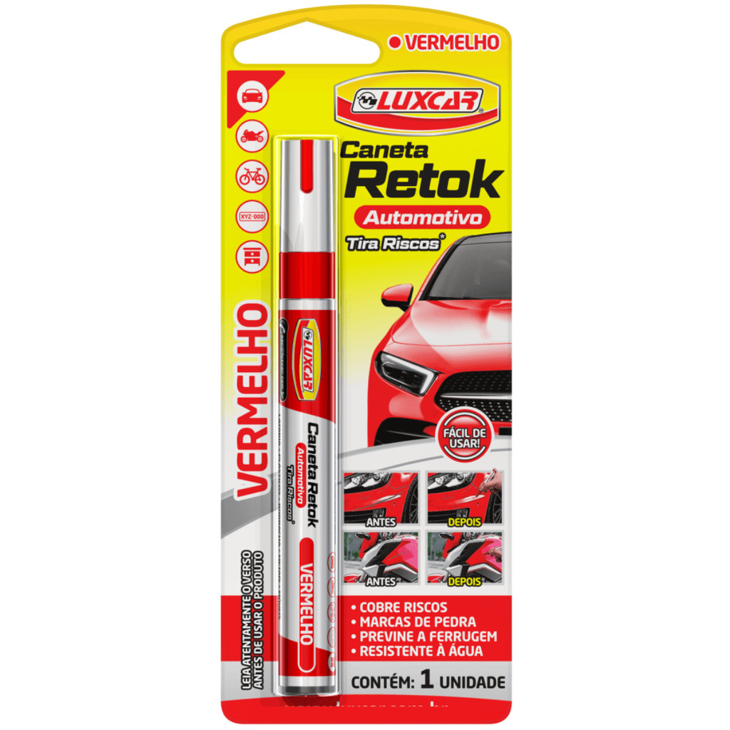 Luxcar Caneta Retok Tira Riscos Vermelho Corrige Arranhões e Disfarça Danos na Pintura Automotiva em Oferta na Shopee