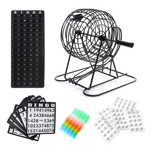 Kit Jogo De Bingo Completo Com Globo De Metal 75 Bolas Cartelas Reutilizáveis E Tabuleiro Organizacional
