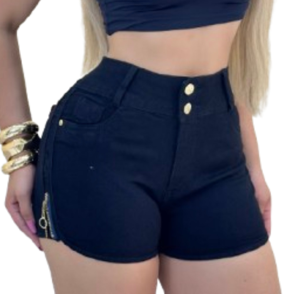 Short Jeans Feminino  Preto Ziper Lateral Elastano Curto Cintura Alta