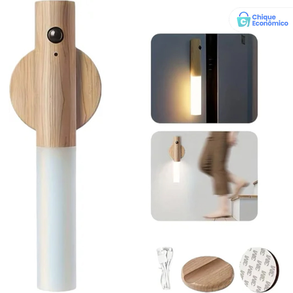 Luminaria Led Pratica Sensor Movimento Recarregavel Madeira Minimalista Magnetica Seguranca Iluminacao Noturna