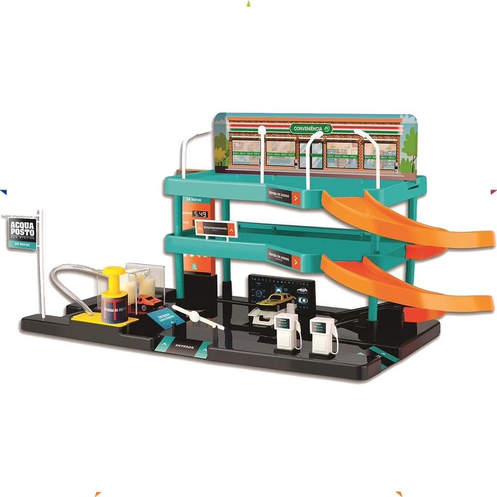 Posto Lava Rápido Acqua 24 Horas Sai Agua De Verdade Serve Carros Hotwheels vem 2 carrinhos - Nig Brinquedos