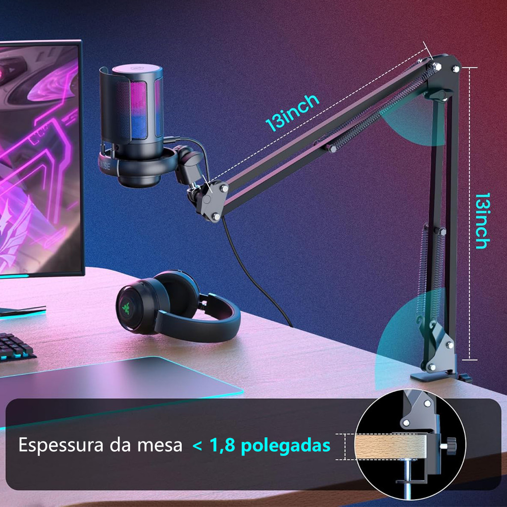 Microfone Usb Rgb Capacitivo Antirruído Para Jogo/smartphone