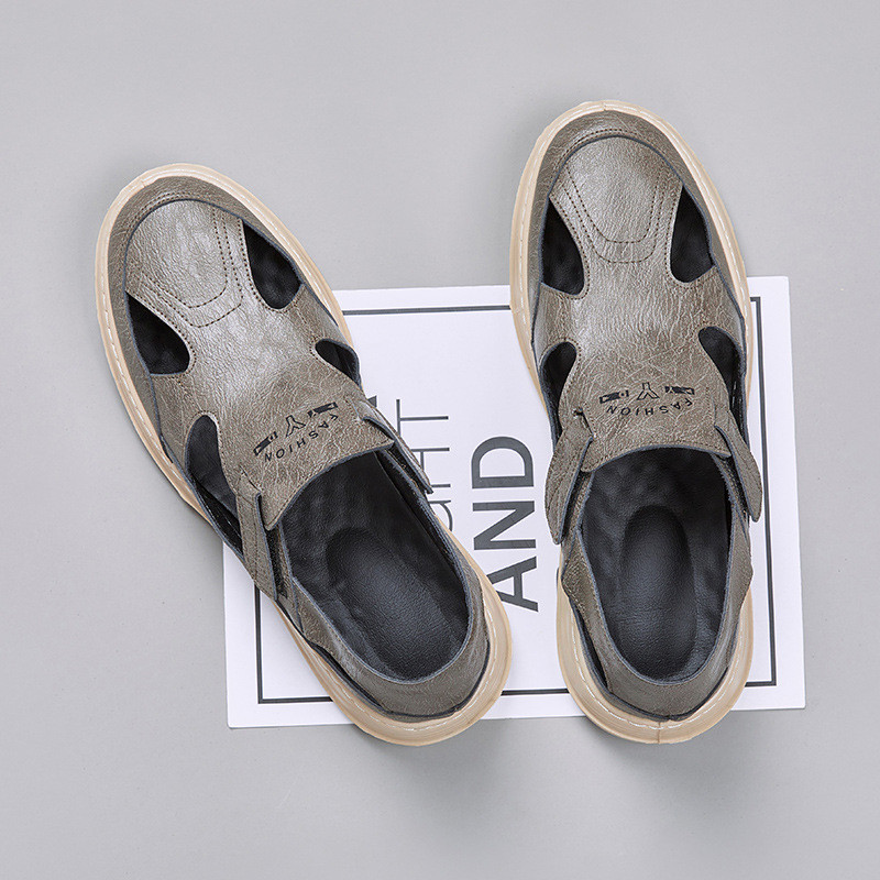 ) : Sandálias Masculinas De Couro Macio Respirável De Verão – Sapatos De Praia Esportivos Casuais Leves De PU Com Design