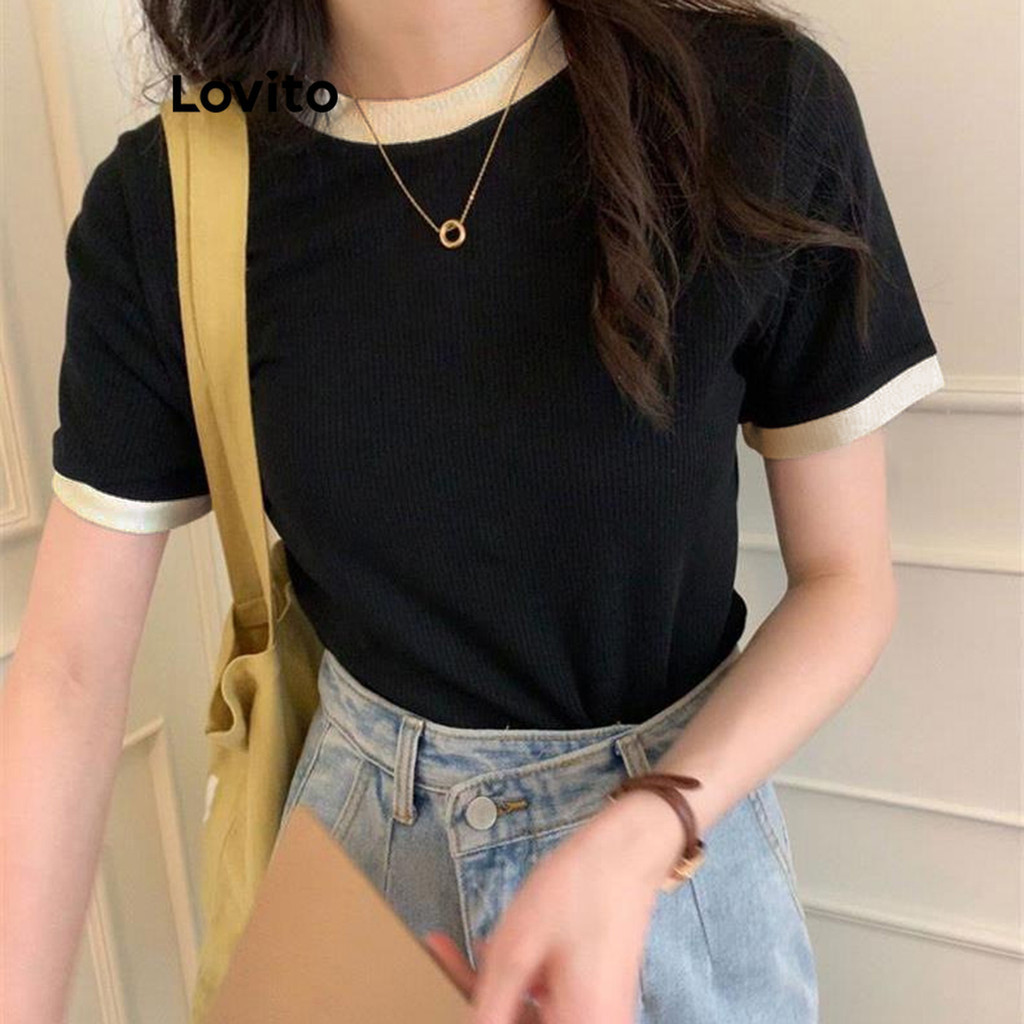 (Trendy) Lovito Camiseta Casual Lisa Contrastante Com Encadernação Colorblock Para Mulheres LNE17059 (Multicolorido) em Oferta na Shopee
