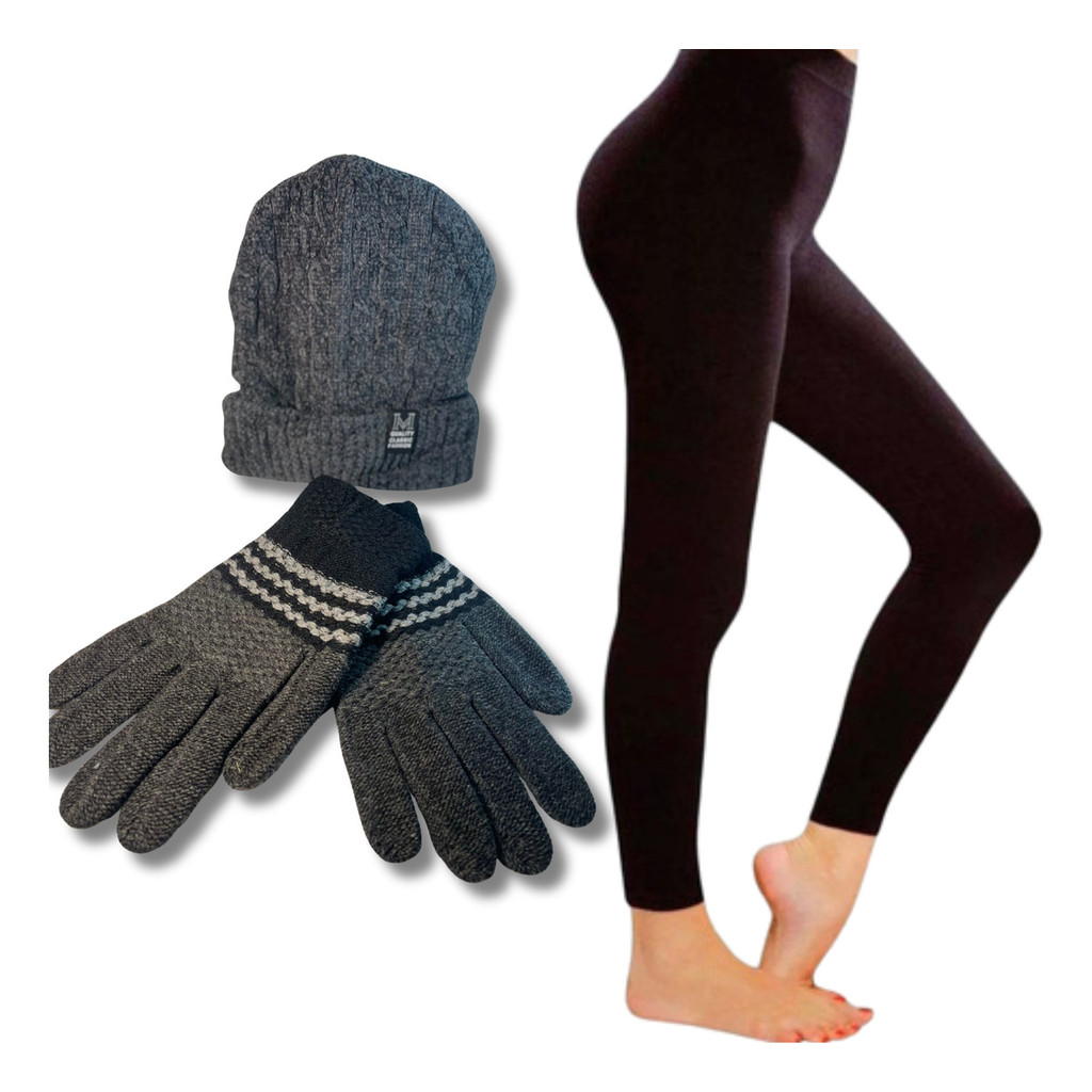 Kit Touca Gorro Lã Forrada Luva Lã Quente Meia Calça Forrada