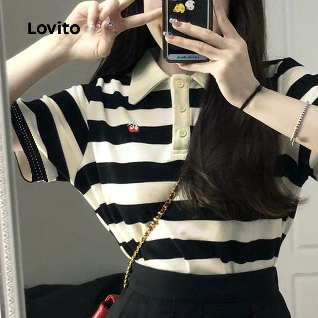 (Trendy) Lovito Camiseta Casual Listrada Com Botões Para Mulheres LNE43269 em Oferta na Shopee