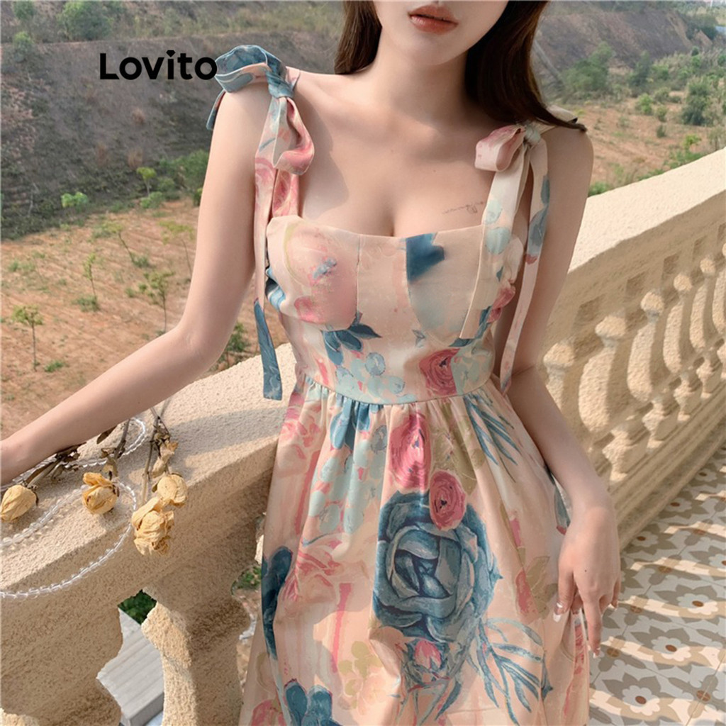 (Trendy) Lovito Vestido Casual Floral Gola Quadrada Sem Mangas Midi Para Mulheres LNE02199 (Rosa) - Women Clothes