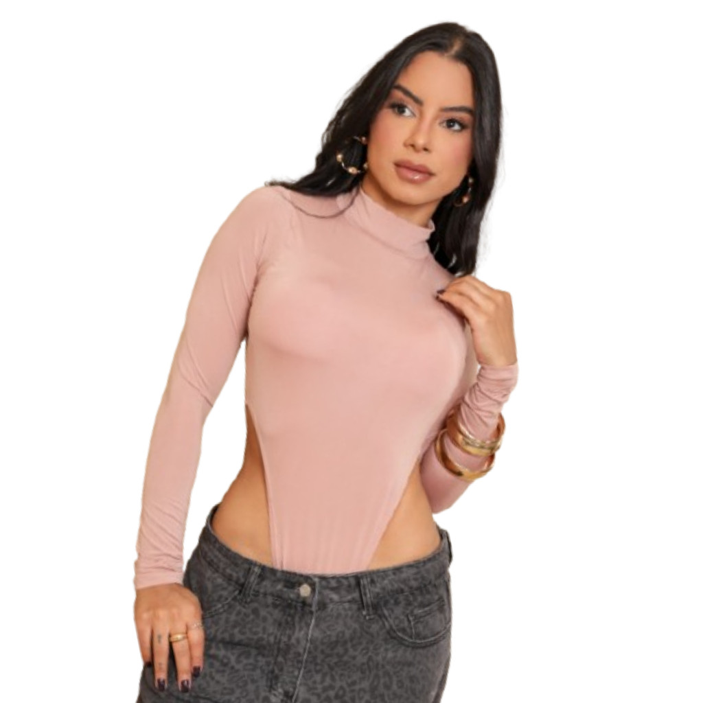 Body Feminino Nude Manga Longa Cavado Com Bojo Ousadia