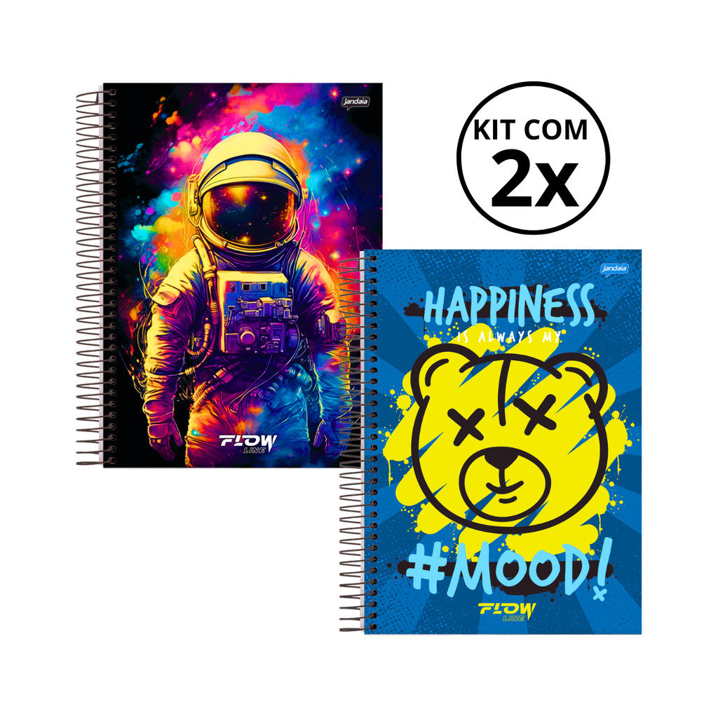 Kit 02 Cadernos Universitário 1 Matéria 80 Folhas Flow - Jandaia CAPA:Astronauta/Urso