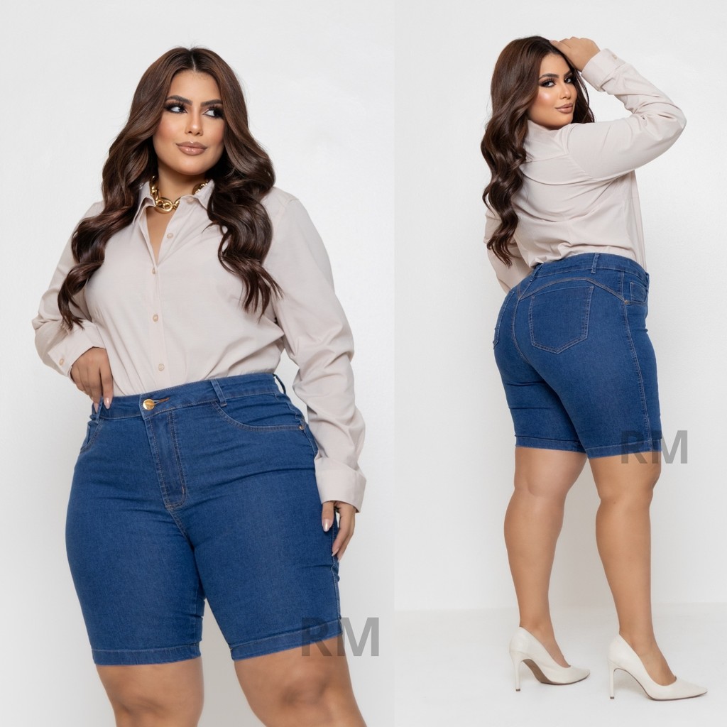 Bermuda Feminina Jeans Plus Size C/ Lycra Pedal Cintura Alta em Oferta na Shopee