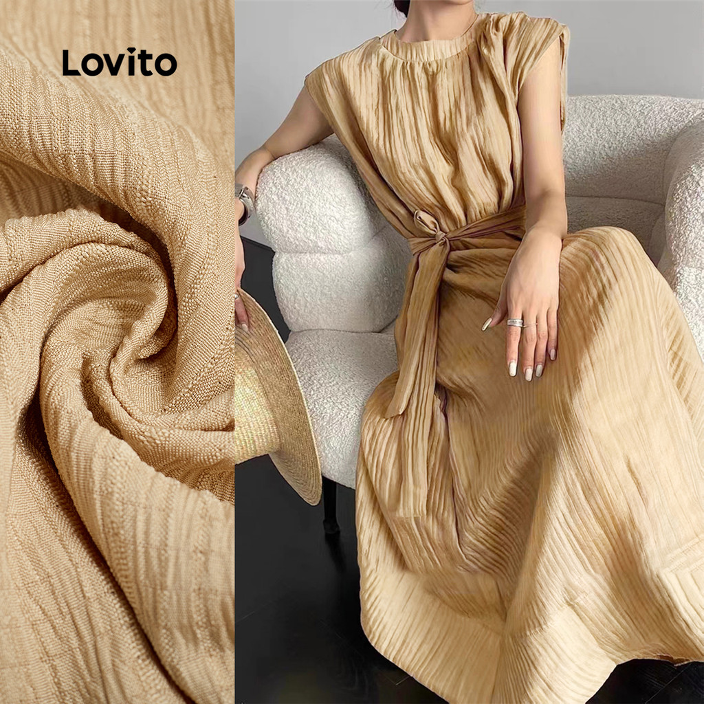 Lovito Vestido Elegante com Laço Na Frente Drapeado Boa Textura Primavera/verão Vestido cáqui LBL26175 em Oferta na Shopee