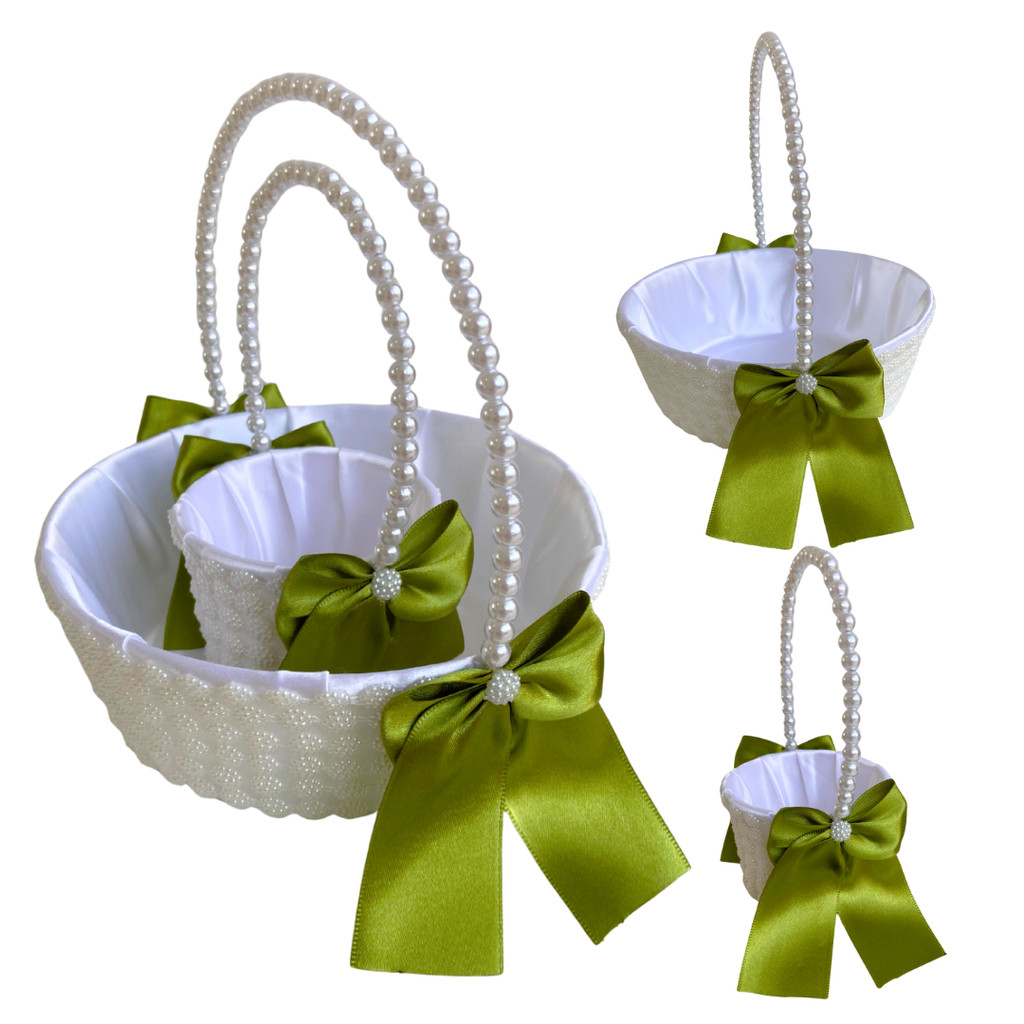 Cesta Daminha Florista + Cesta Alianças Verde Oliva Com Pérolas