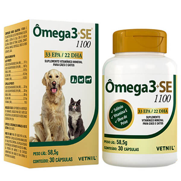 Ômega 3 SE 1100 Suplemento Para Pele e Pelo Cães e Gatos Vetnil 30Caps