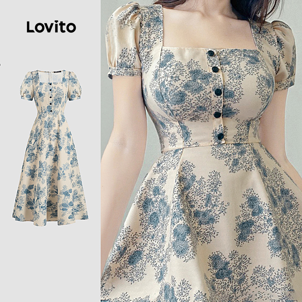Lovito Vestido Boho com Botões Na Frente  Linha de Estrutura  Primavera/verão  Vestido azul L142ED161 em Oferta na Shopee