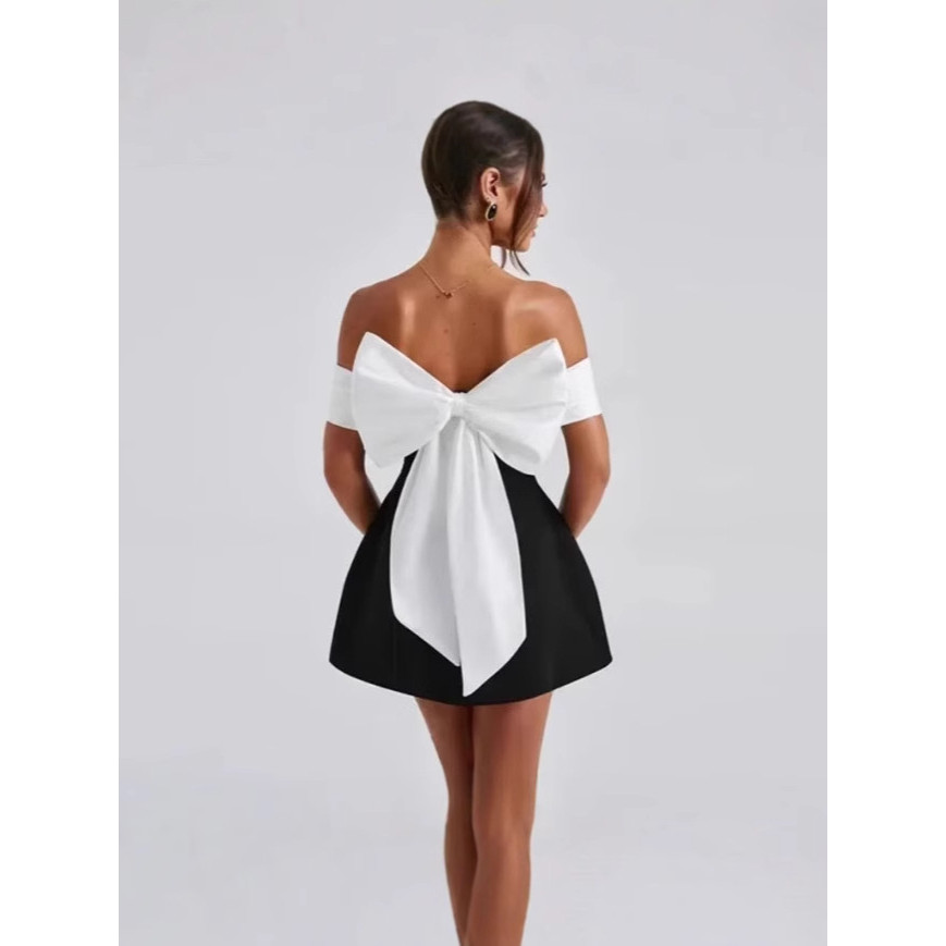 [Roupas femininas da moda] Vestido preto branco combinando com laço transfronteiriço Roupas femininas europeias american