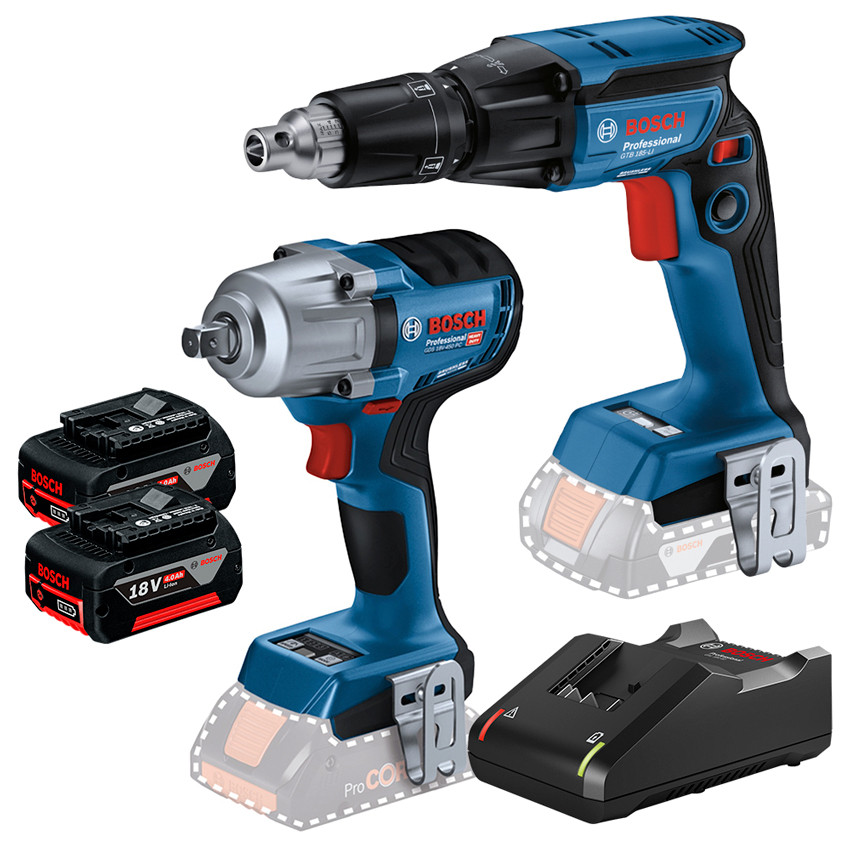 Kit Chave Impacto 1/2" GDS 18V-450 PC + Parafusadeira para Drywall GTB 185-LI + 2 Bateria 4Ah + Carregador Rápido Bosch