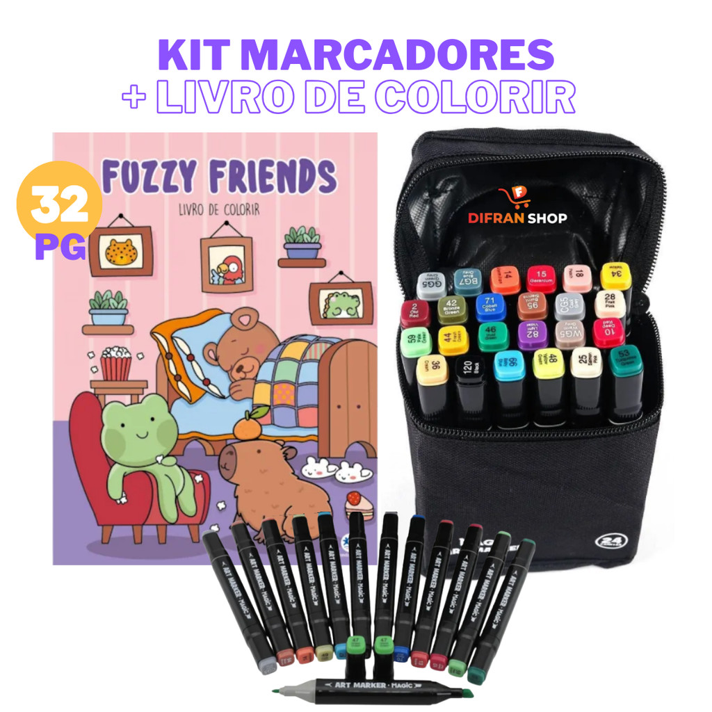 Kit De Livro Para Colorir  32 Páginas + 24 Cores Caneta Marcadora Com Ponta Dupla