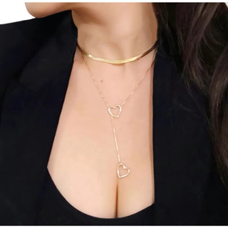 Kit 2 peças com coração duplo vazado + Choker de osso de cobra banhada a ouro 18K ou prata 925 em Oferta na Shopee