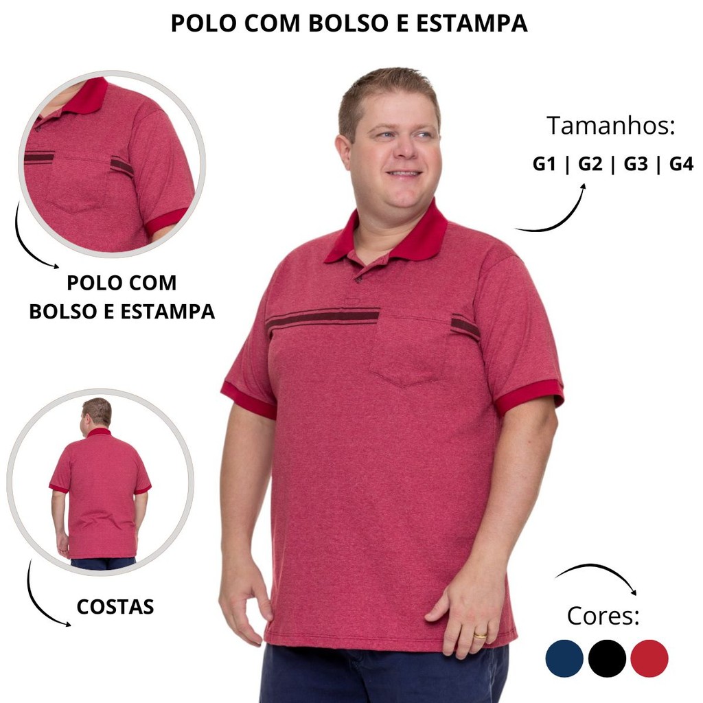 Camisa Gola Polo Plus Size Masculina Malha Flamê Bolso Estampa Frontal Social Casual Essencial