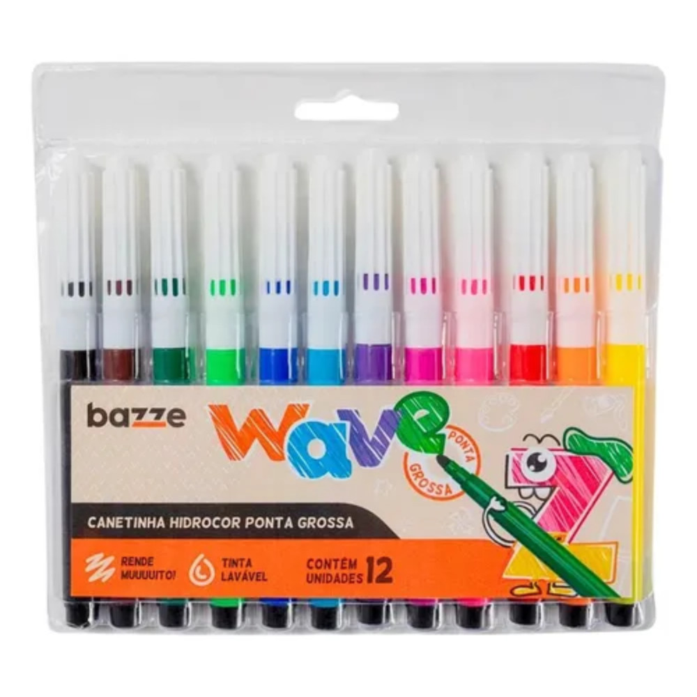CANETINHA HIDROCOR PONTA GROSSA WAVE 12 CORES - BAZZE