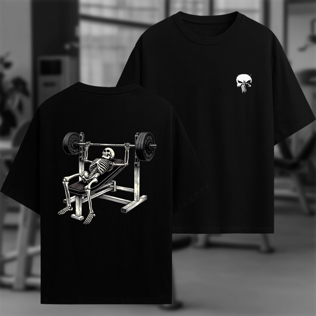 Camiseta Oversized Caveira Academia Estampa Esqueleto Supino Streetwear Promoção