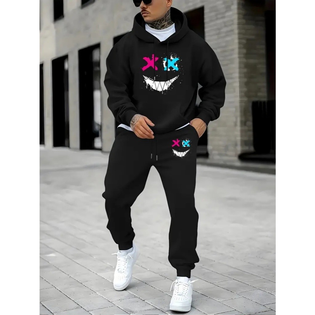 Conjunto Moletom blusa de frio Masculino Flanelado Calça + Blusa Estampa Smile Colorido Moleton Blusa Gorro + Calça