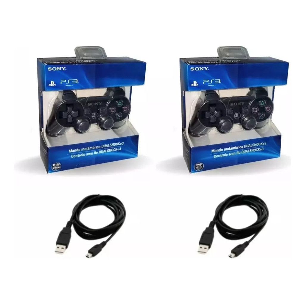 Kit 2 Controle Joystick Compativel Ps3 + Cabo Carregador