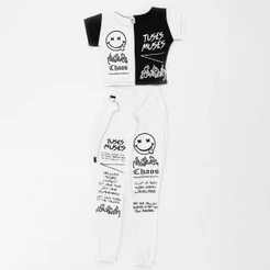 Conjunto Calça Jogger feminina Street Emoji SMILE E Cropped branco e preto