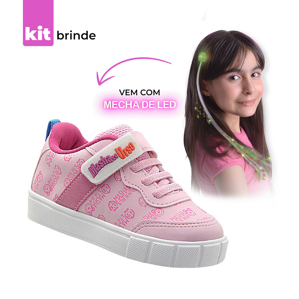 Kit Presente Tênis Menina Masha e o Urso Feminina + Mecha de Led Pé com Pé - Baby & Kids Fashion