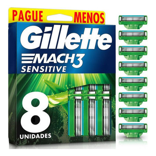 Gillette  Mach3 Sensitive Carga De Barbeador 8 Unidades em Oferta na Shopee