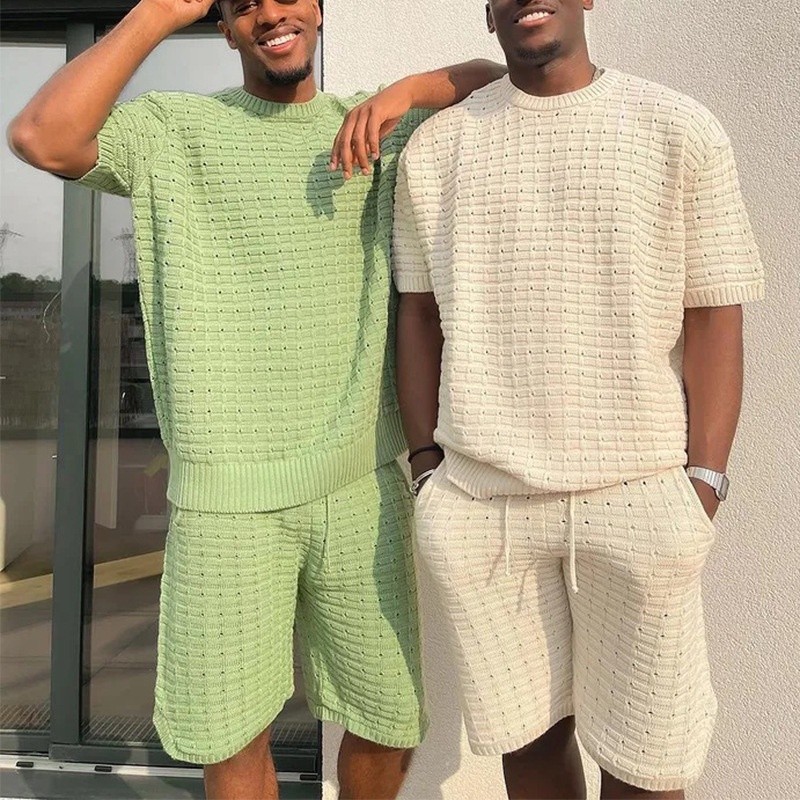 Mais Tamanho Do Fato De Verão De Malha Oca Solta + Moda Masculina Casual