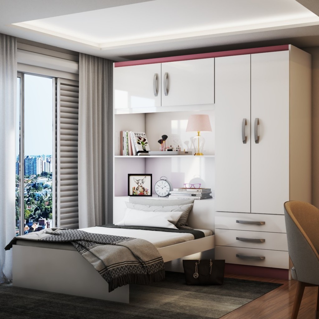 Guarda-Roupa Solteiro com Cama Liverpool 4 Portas 3 Gavetas Branco/Pink - Panorama Móveis em Oferta na Shopee