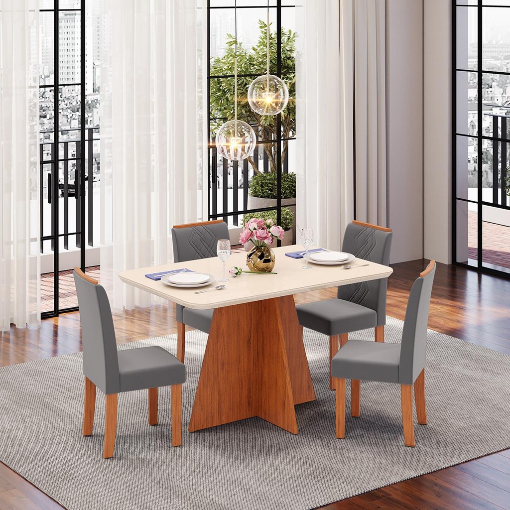 Conjunto Sala de Jantar 4 Cadeiras Tampo de Vidro DJ Móveis Siena Freijó Ayla Veludo Lunar em Oferta na Shopee