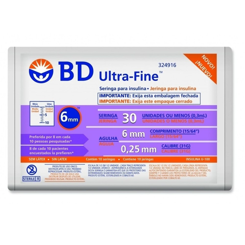 Seringa de Insulina BD Ultra-Fine 6mm 30UI 10 Unidades em Oferta na Shopee