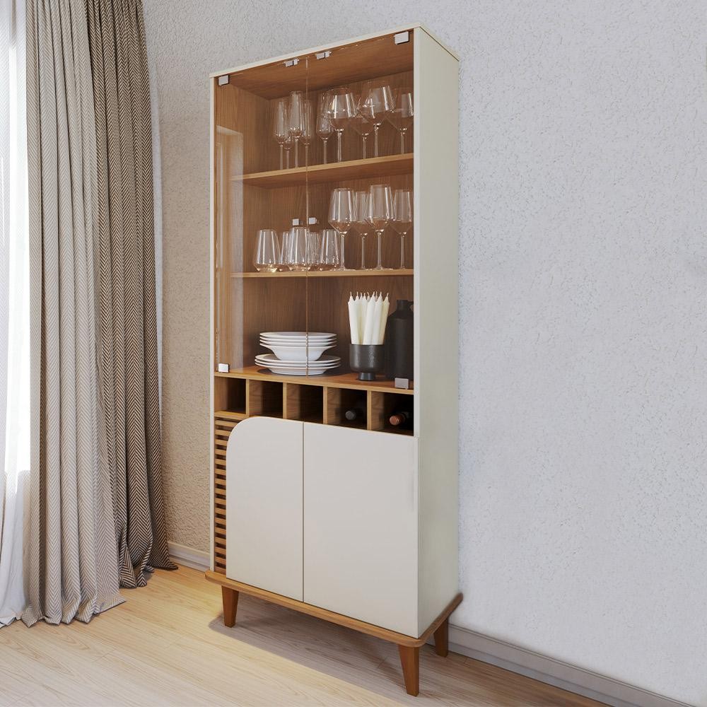 Cristaleira Decorativa Sala de Estar Versátil Village Pés de Madeira Off-White/ Freijó G73 - Gran em Oferta na Shopee
