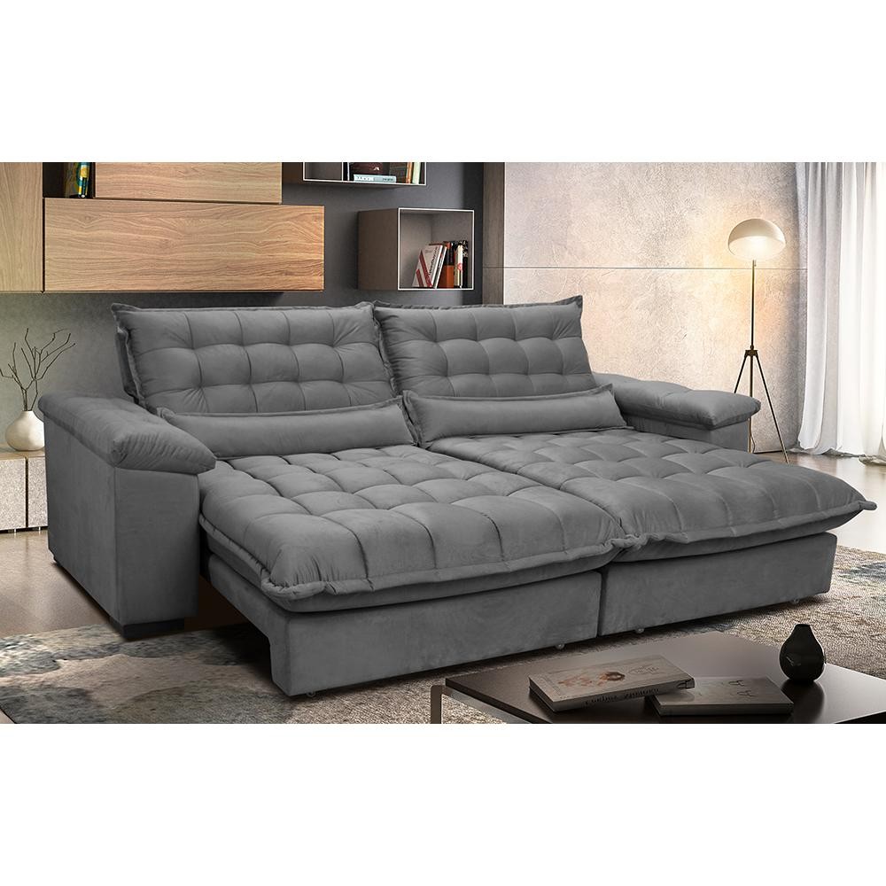 Sofá Retrátil e Reclinável 2,92m com Molas Ensacadas Cama inBox Aconchego Tecido Suede Cinza
