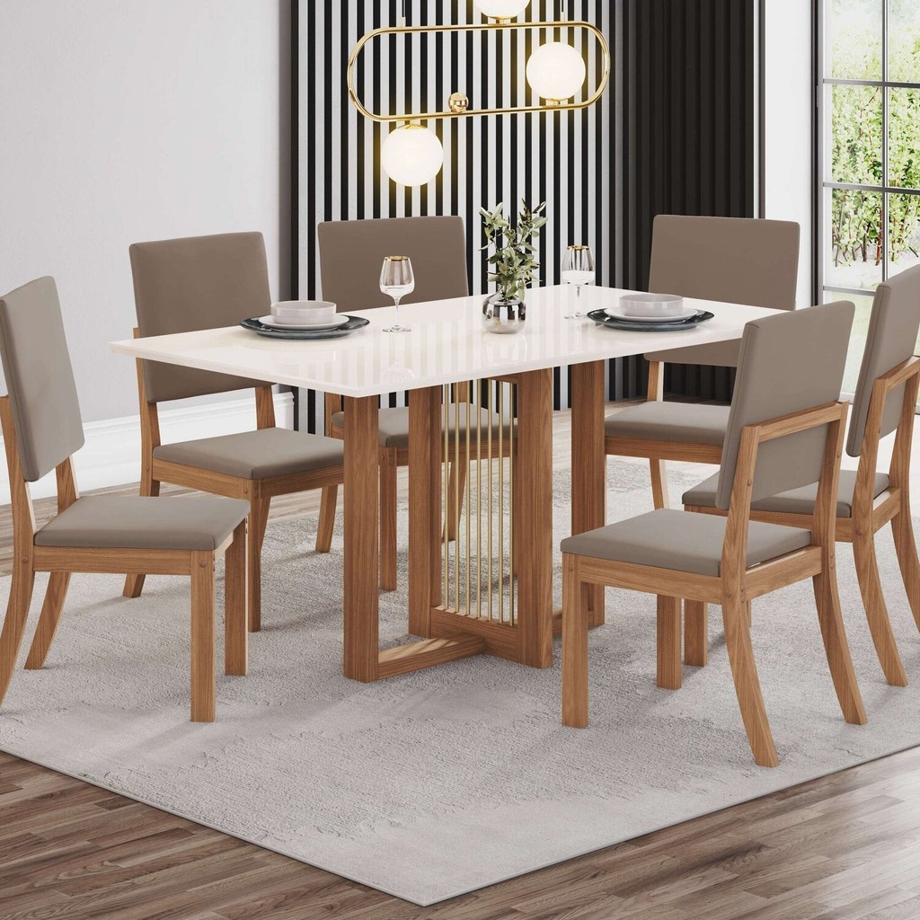 Conjunto Sala Jantar Canto Reto 6 Cadeiras Kelly Espresso Móveis Nature/Off White/Marrom - Home & Living