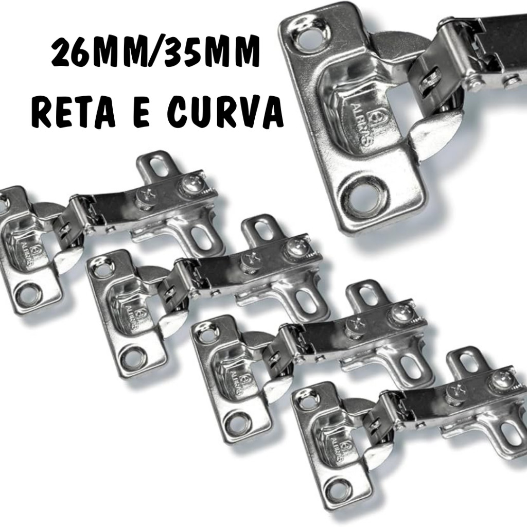 Kit com 10 Dobradiça Slide On para Armário 26mm Reta e Curva