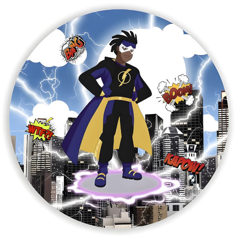 NOVO Painel Festa Infantil Redondo Super Choque, nuvens com dizeres Pow Bang + Arco, Suporte incluso. Fazemos personalizado com qualquer tema. Confeccionado em Lona fosca, impressão de alta resolução. cenário , p/ Decoração