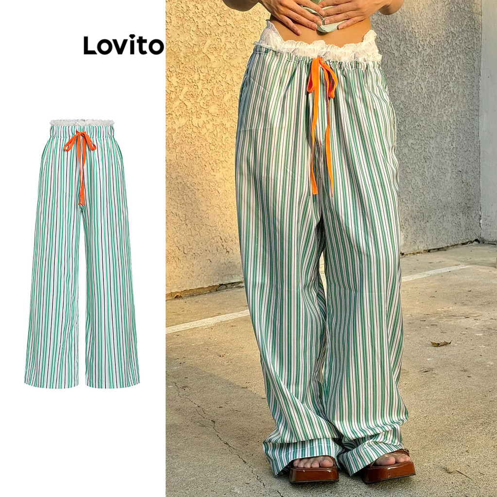Lovito Calça Casual Listrada Com Costura Em Tecido De Renda Para Mulheres L101AD312 - Women Clothes