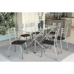 Sala de Jantar Completa Volga c/ Tampo Vidro 150cm + 6 Cadeiras Portugal Cromado/Courano Preto - Kappesberg