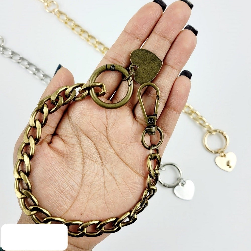 Alça de Bolsa Tipo Corrente com Mosquetão e Argola Articulada + Pingente de Coração Ouro Velho