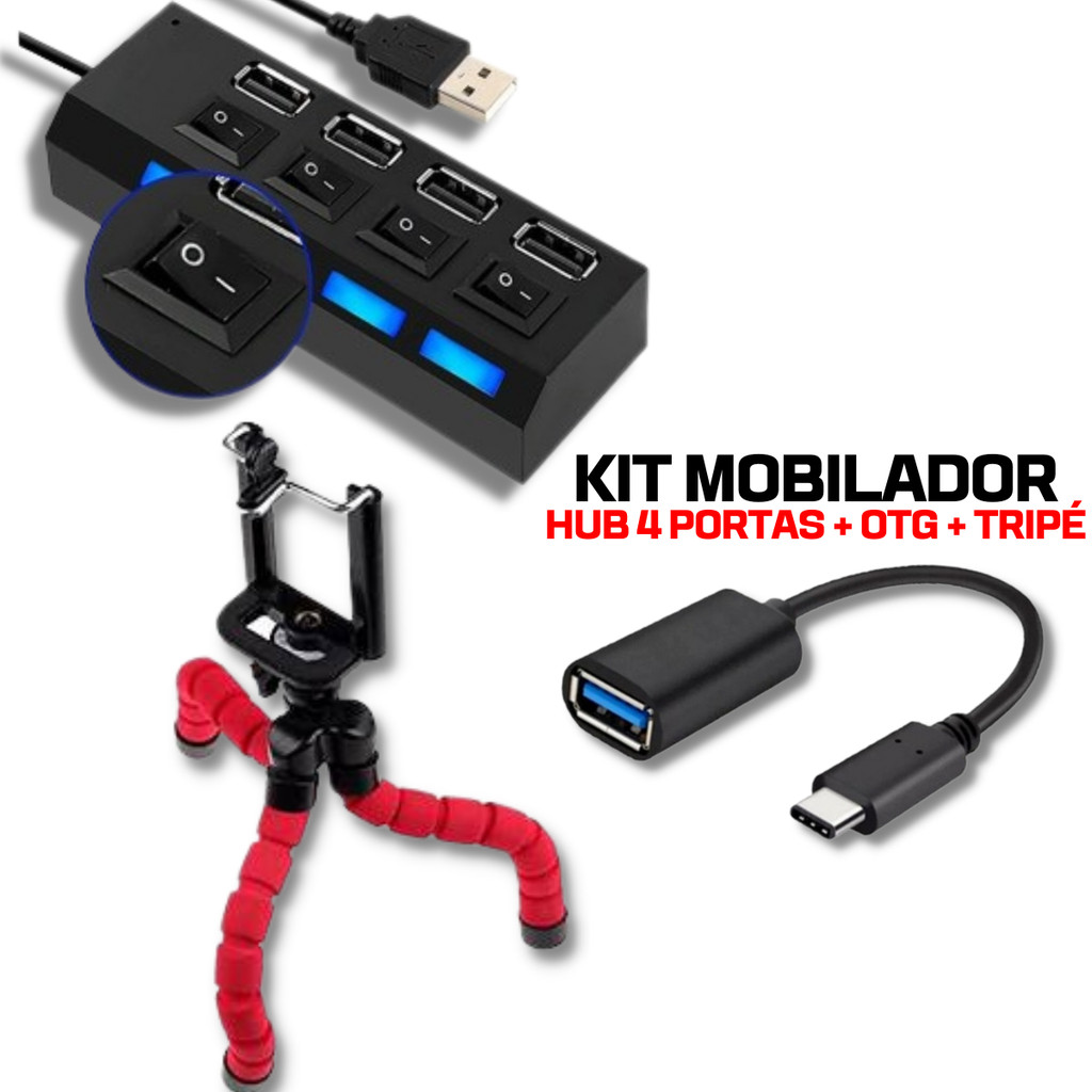 Kit Completo Para Celular Hub Usb 4 Portas  Interruptor Led + Adaptador Tipo C ou Micro Usb V8 + Suporte Tripé Flexível