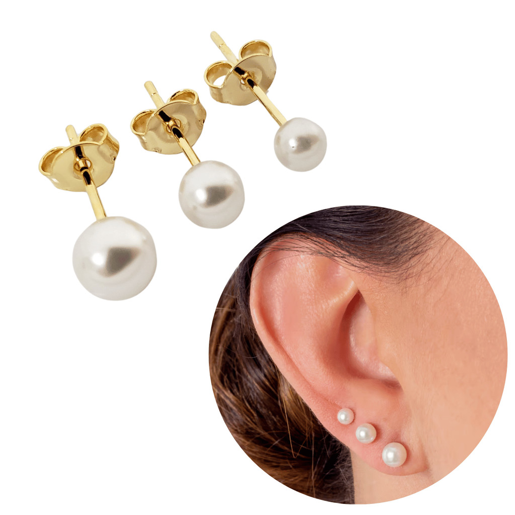 Trio pérola Banhado Ouro 18k Brinco Três furos Antialérgico em Oferta na Shopee