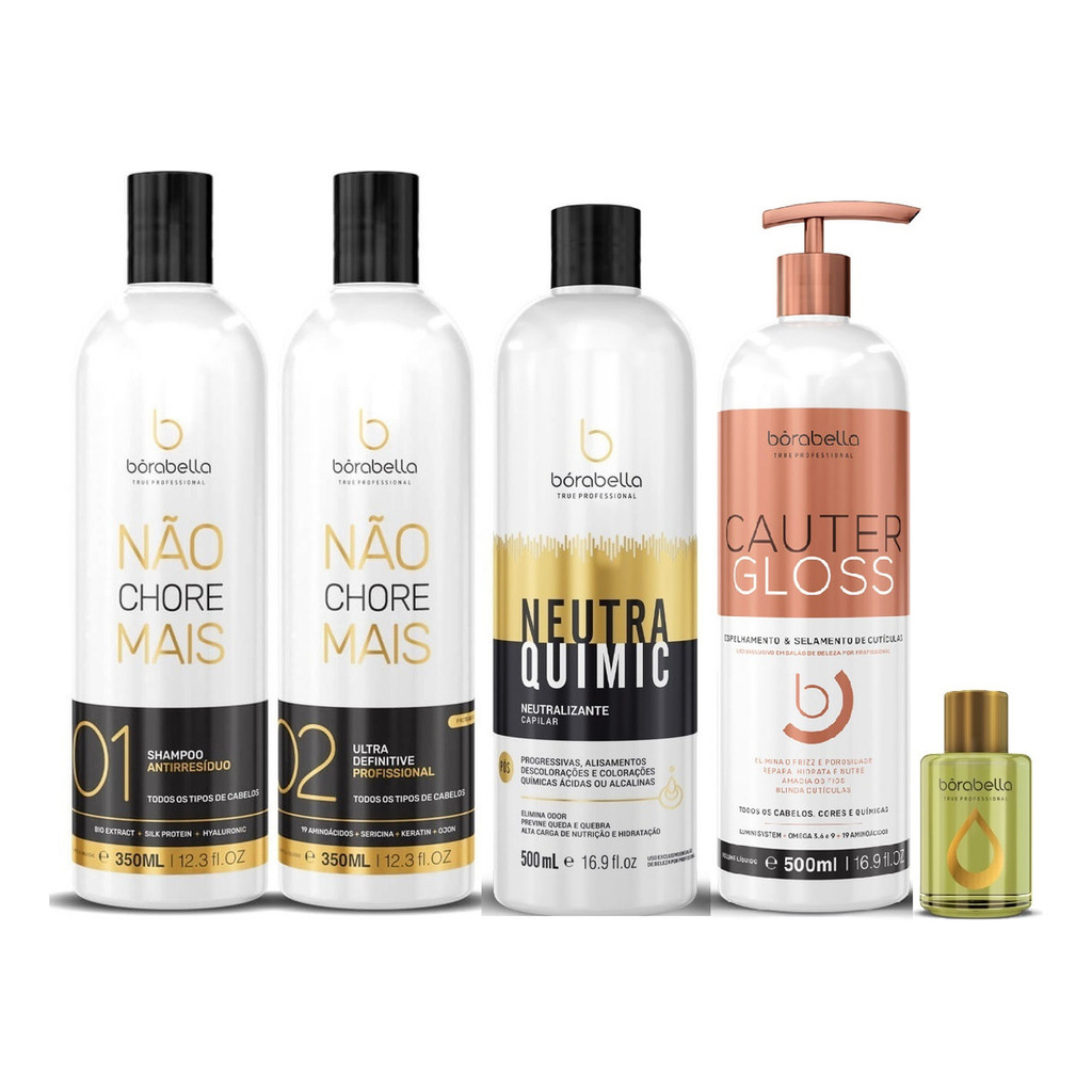 Kit Progressiva Não Chore Mais 350ml + neutraquimic 500ml + Cautergloss 500ml - Borabella